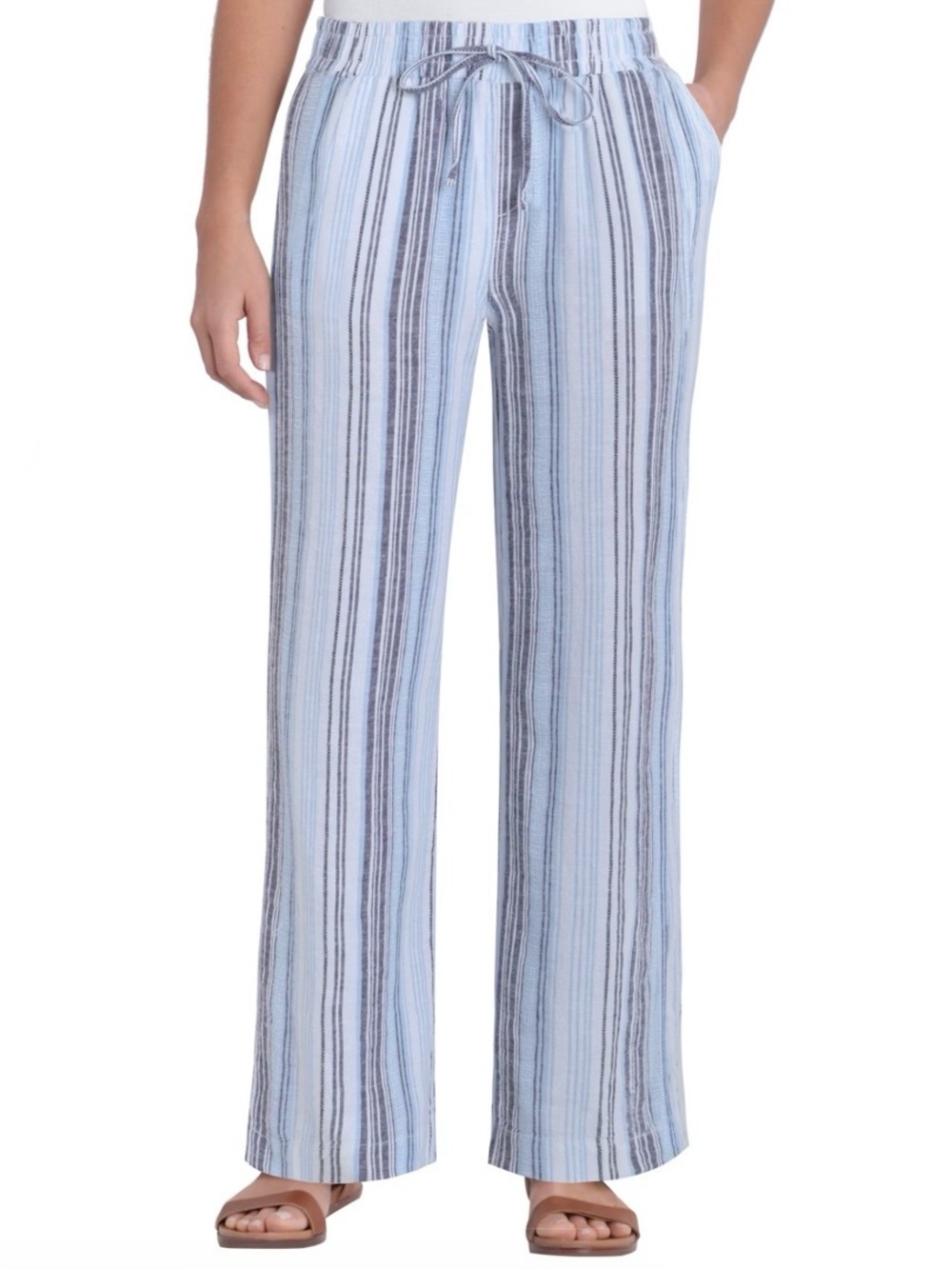 Roxy Women’s Linen Blend Crop Pants Blue White Stripe XXL 26” Inseam NWT
